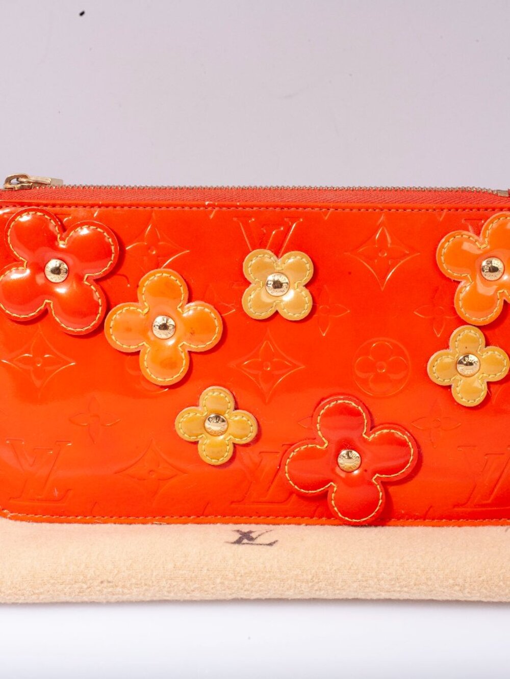 Authentic Louis Vuitton Orange Vernis Monogram Lexington Fleurs Pochette